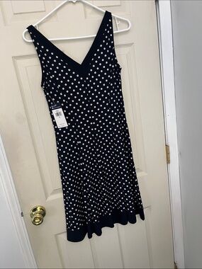 Chaps Navy and White Polka Dot V-Neck Sleeveless Dress